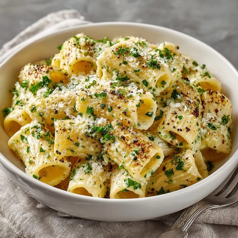 Close-up showing delicious one-pot garlic parmesan pasta, sprinkled with fresh parsley.