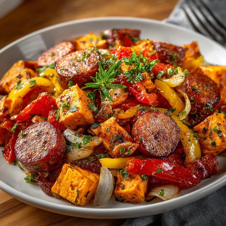 Golden One-Pot Sausage and Sweet Potato Hash recipe, perfect easy weeknight family meal.
