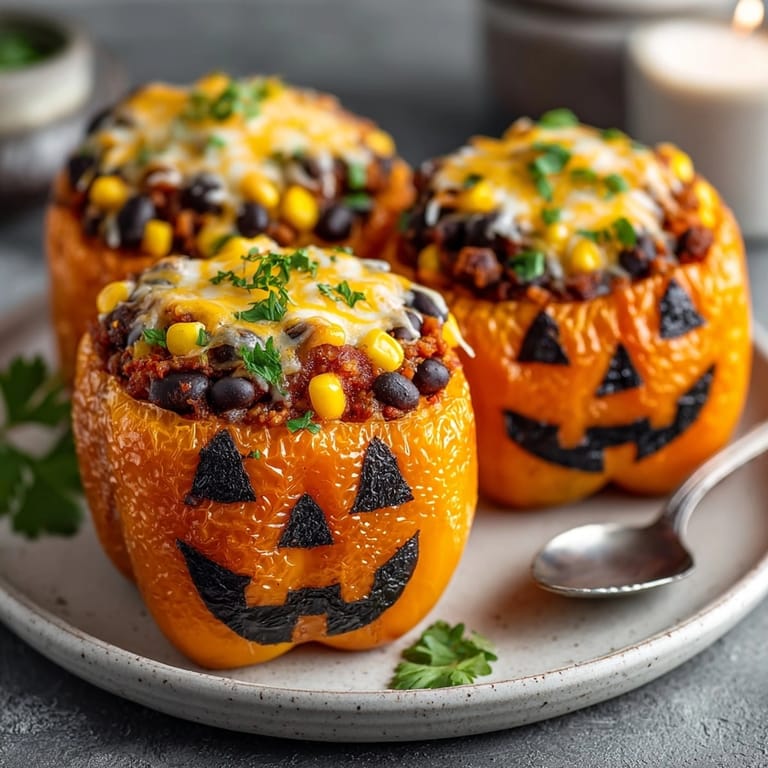 Spicy Black Bean Stuffed Peppers, showcasing tender carved bell peppers filled with southwestern rice.