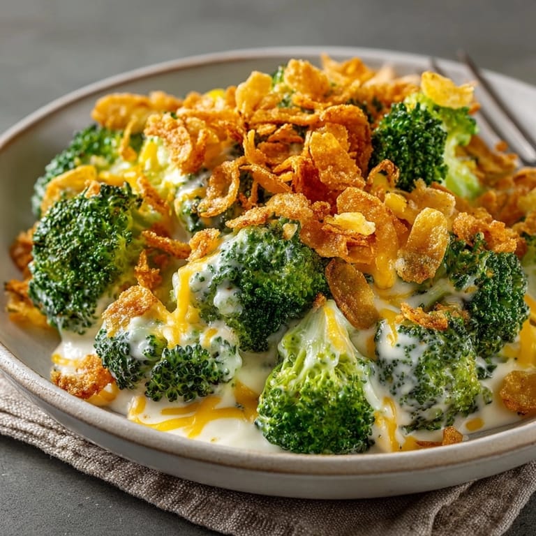 Homemade Broccoli &amp; Cheddar Casserole with creamy cheese sauce, a comforting and inviting side dish.