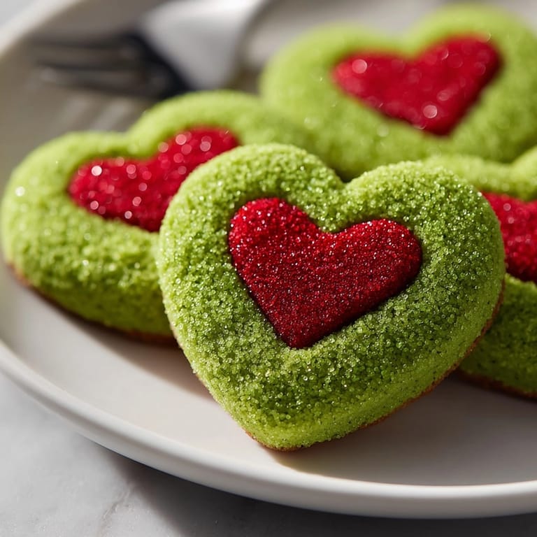 Bright, cheery Grinch Heart Sugar Cookies on a plate, ready to serve for holiday cheer.