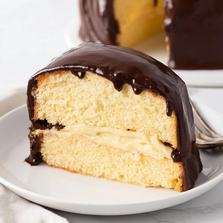 Close-up of Boston Cream Pie slice showcasing soft cake, silky cream, and rich ganache.