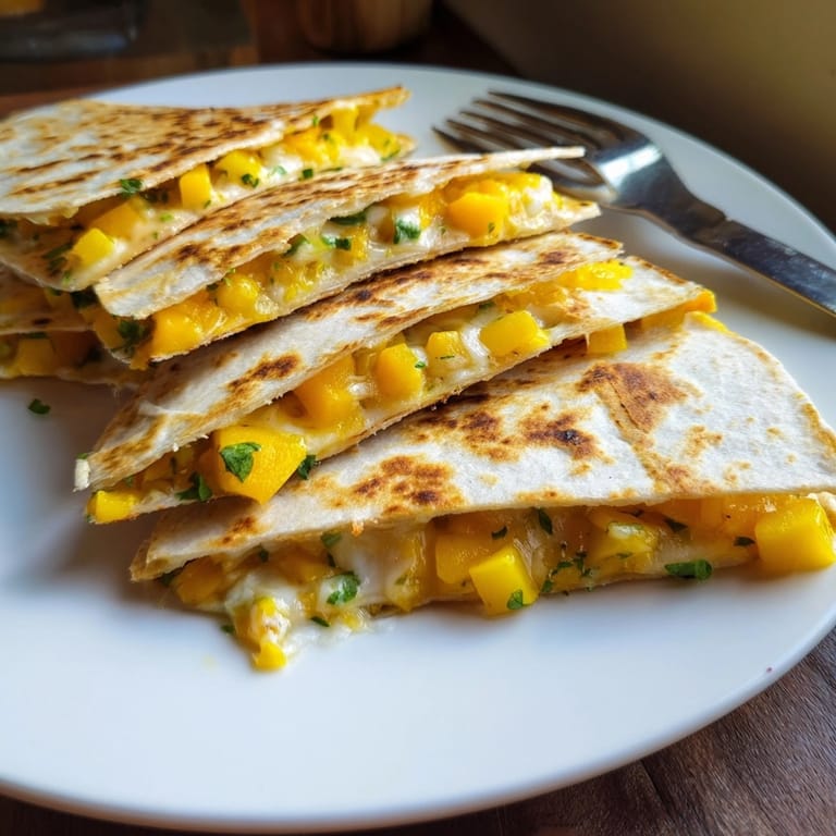 Warm, homemade Cheesy Mango Quesadillas, ready to be served, showcasing colorful ingredients inside.