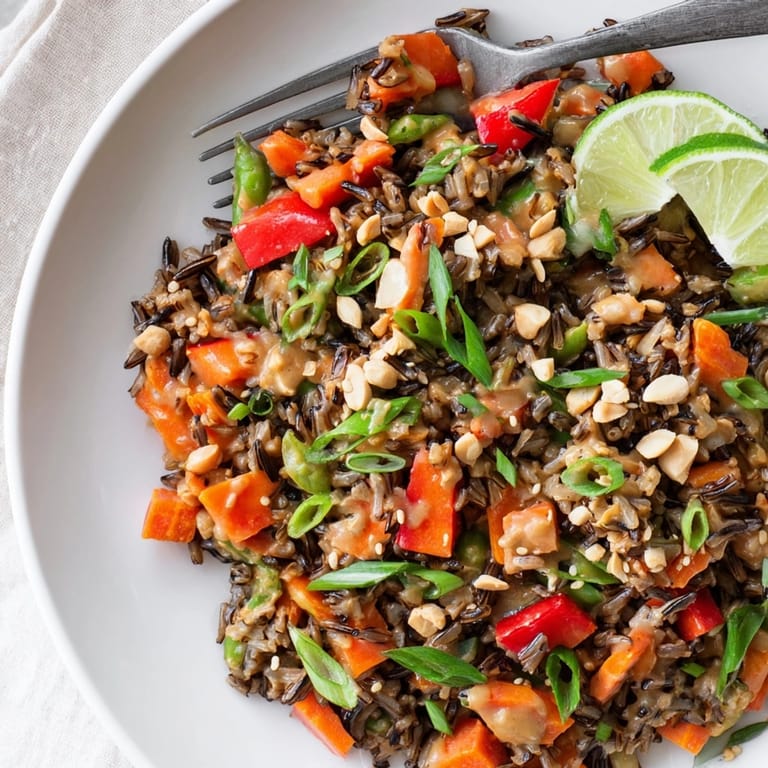 Close-up of nutty Thai Peanut Wild Rice Pilaf, ready to be served with lime wedges.
