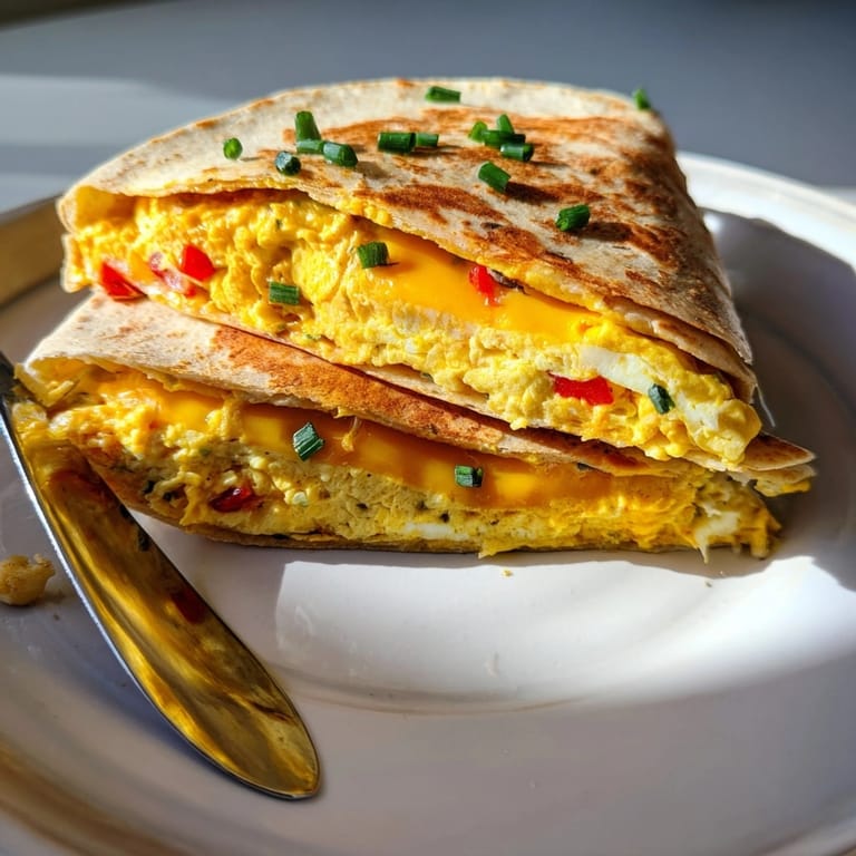 Imagine biting into this cheesy Ricotta Cheddar Breakfast Quesadilla with scrambled eggs, chives, and peppers.
