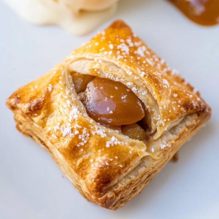 Deliciously golden-brown caramel apple pastry bites, served warm with ice cream on top.  