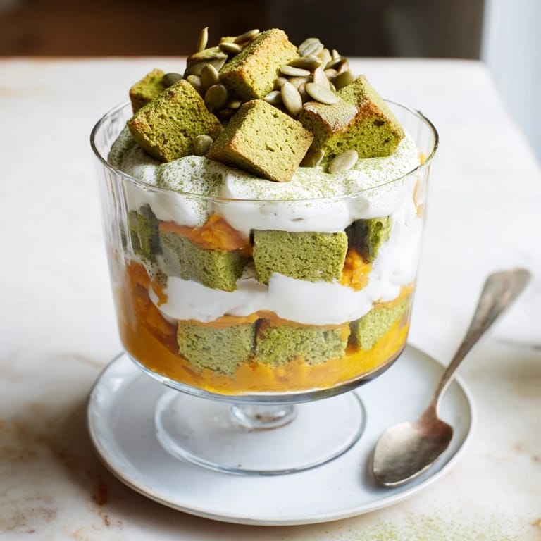 Autumn-inspired matcha pumpkin muffin trifles with creamy layers and crunchy pumpkin seeds.
