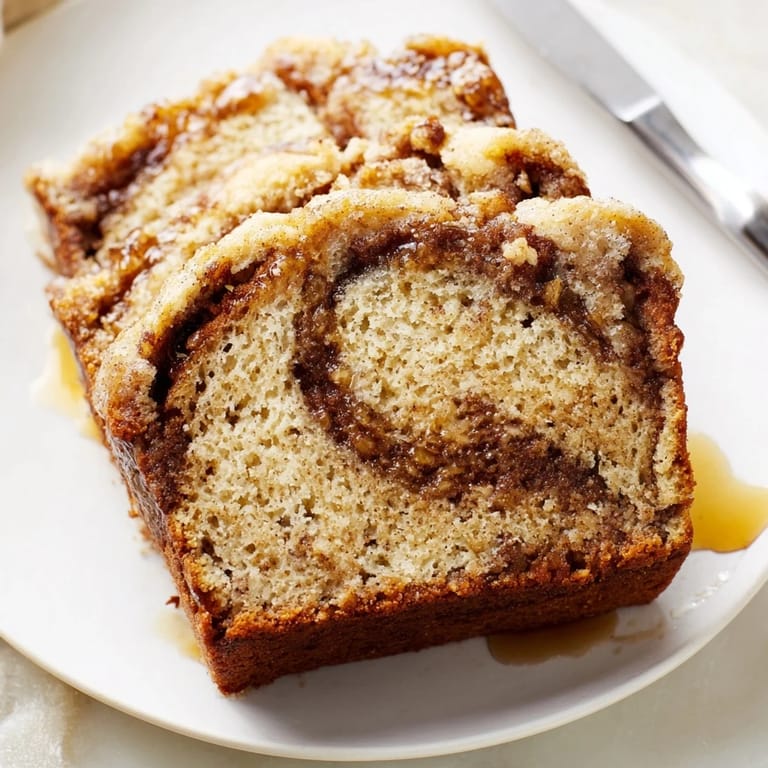 Warm maple ginger cinnamon sugar pancake muffin loaf served with a drizzle of syrup.