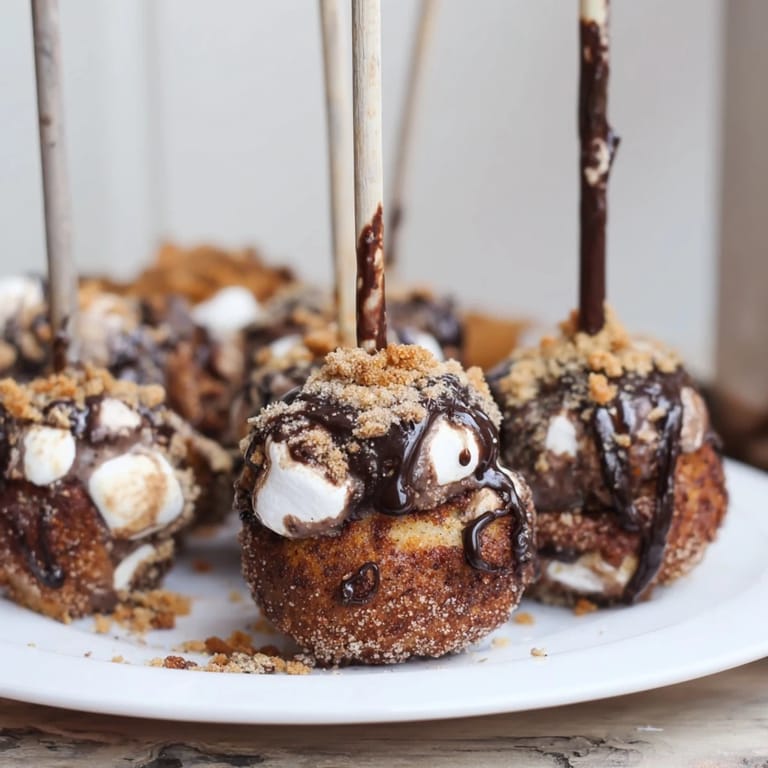 Whimsical Smores Churro Cake Pancake Pops on sticks, ideal for festive celebrations or snacks.