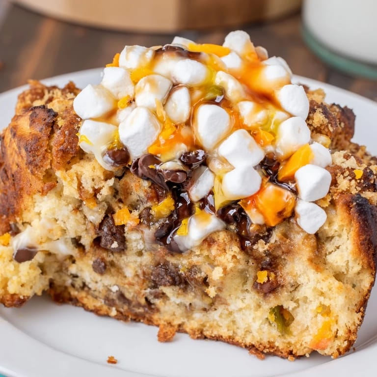 Close-up of Smores Cheesy Jalapeño Biscuit Muffin Loaf, melty chocolate and marshmallows visible.  