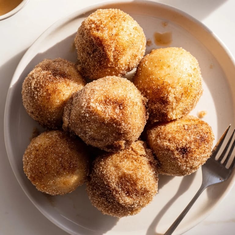 Delicious bite-sized pancake muffin balls rolled in spiced sugar for a sweet treat.  