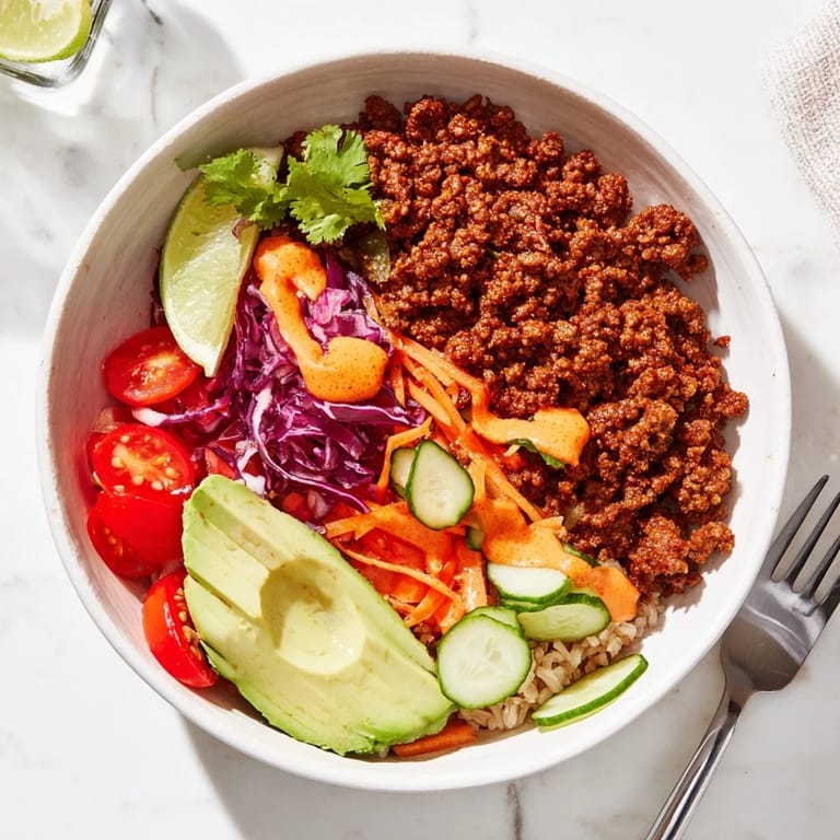 Nutrient-rich Plant-Based Meat Bowl featuring quinoa, avocado, and vibrant seasonal vegetables.