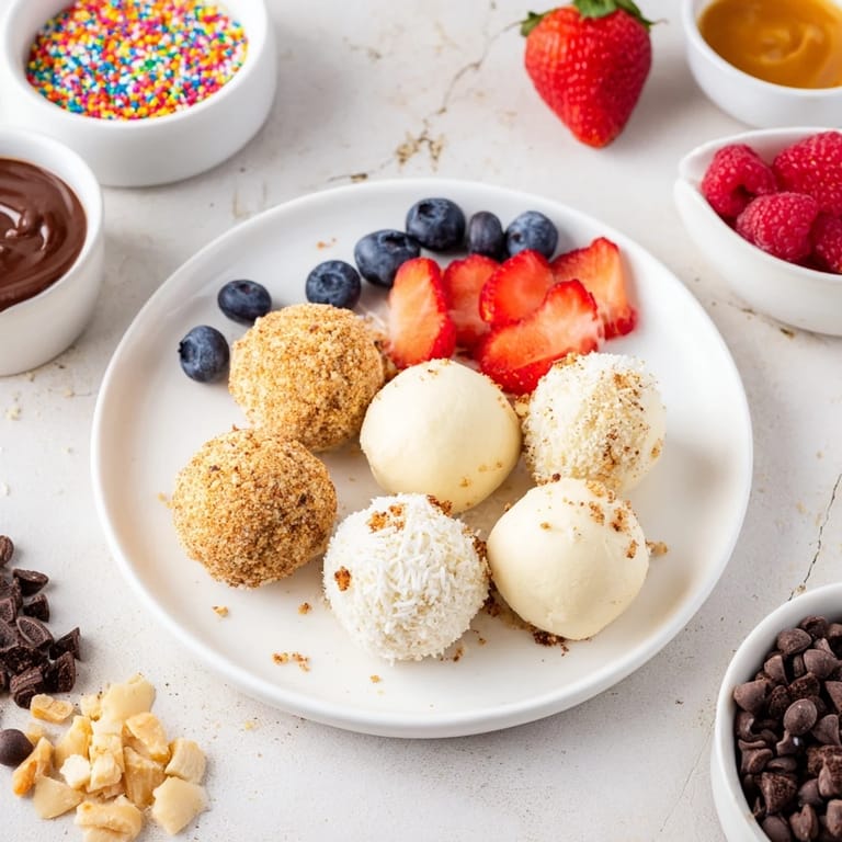 Exciting deconstructed dessert board featuring cheesecake bites and fresh fruit toppings.  