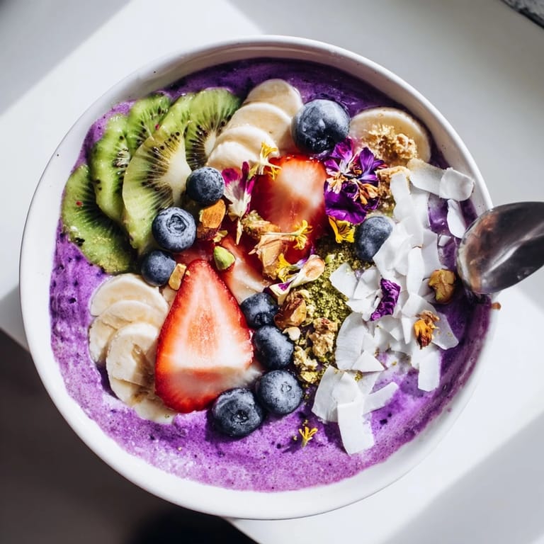 Colorful smoothie bowls featuring unexpected flavors, garnished with kiwi and granola.  