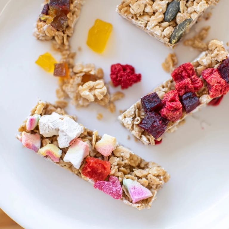 Homemade gummies mixed with oats create a delightful and colorful snack bar.  