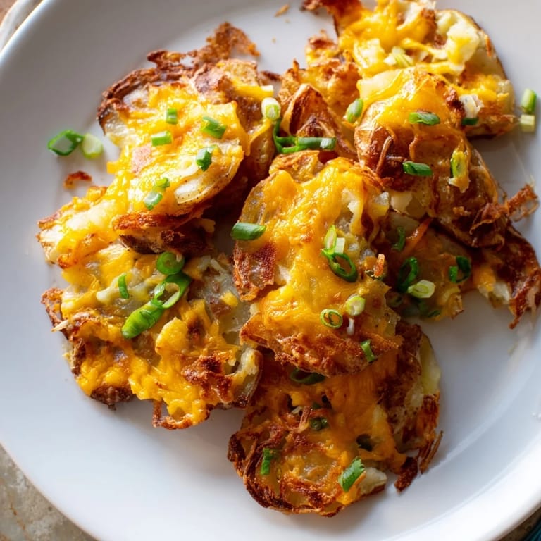 Deliciously crispy smashed potatoes with cheese and green onions, a delightful side dish.
