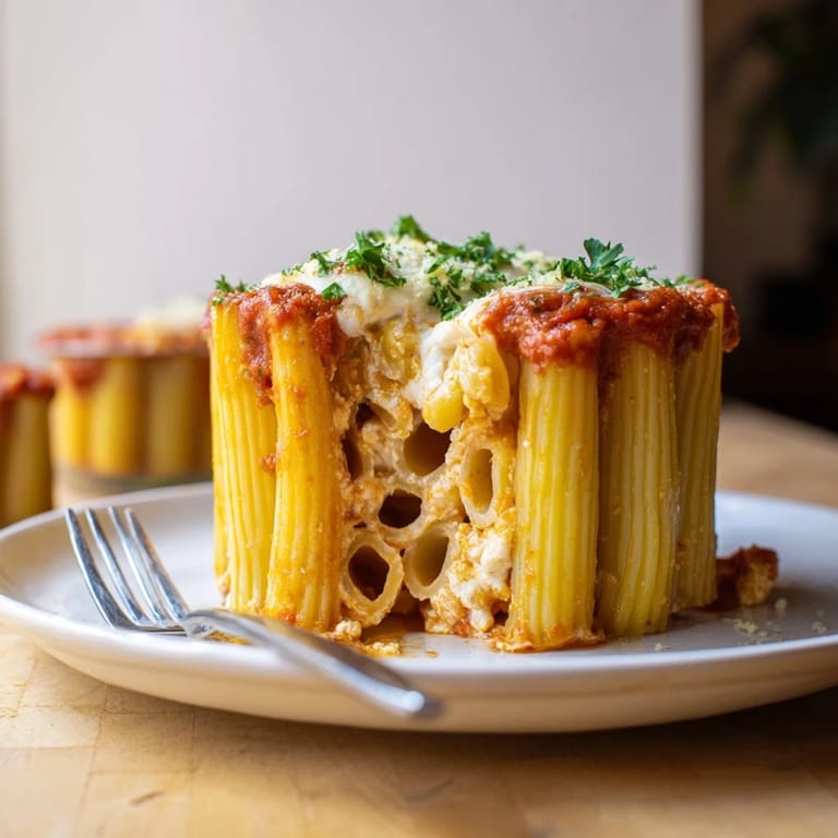 Vibrant honeycomb pasta cake showcasing creamy ricotta and gooey mozzarella in each bite.  