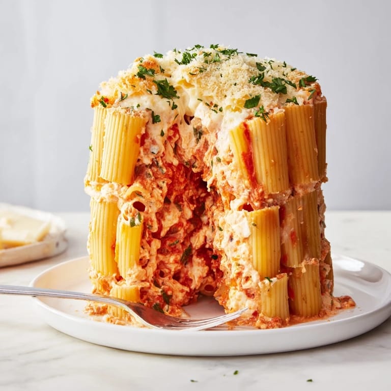 Mouthwatering honeycomb pasta cake, perfectly baked, topped with fresh parsley and Parmesan.