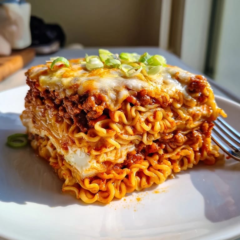 A mouthwatering Spicy Ramen Lasagna fresh from the oven, bubbling with melted cheese.  