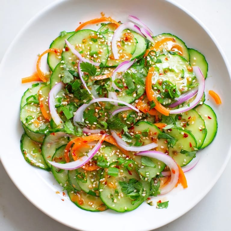 Refreshing Cucumber Salad Remix topped with toasted sesame seeds for a crunchy, tangy bite.  