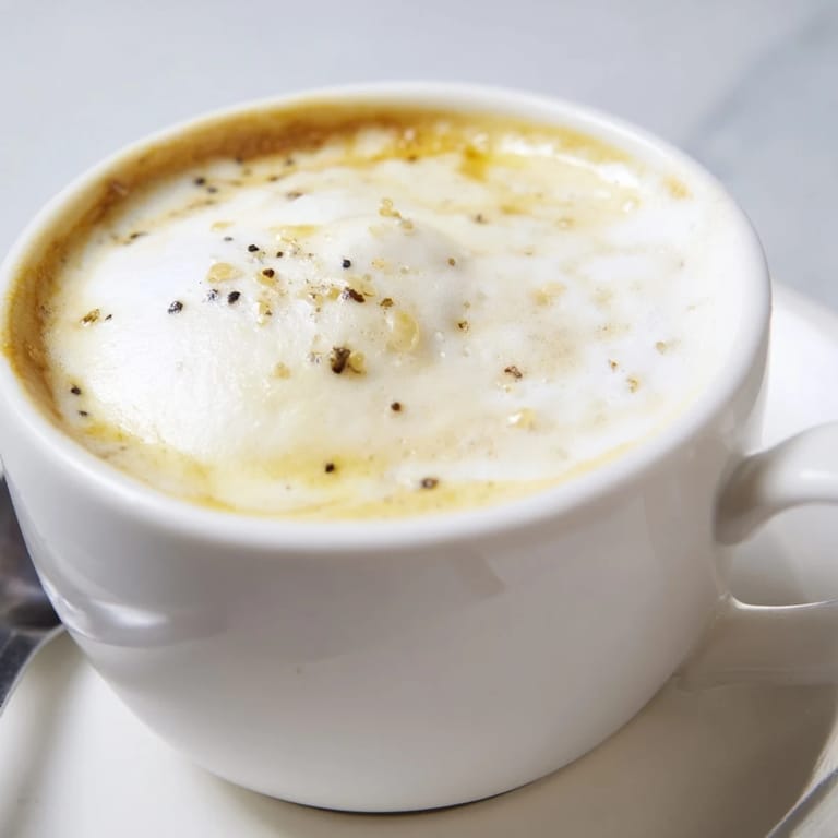 A unique onion latte featuring rich espresso, caramelized onions, and velvety milk.  