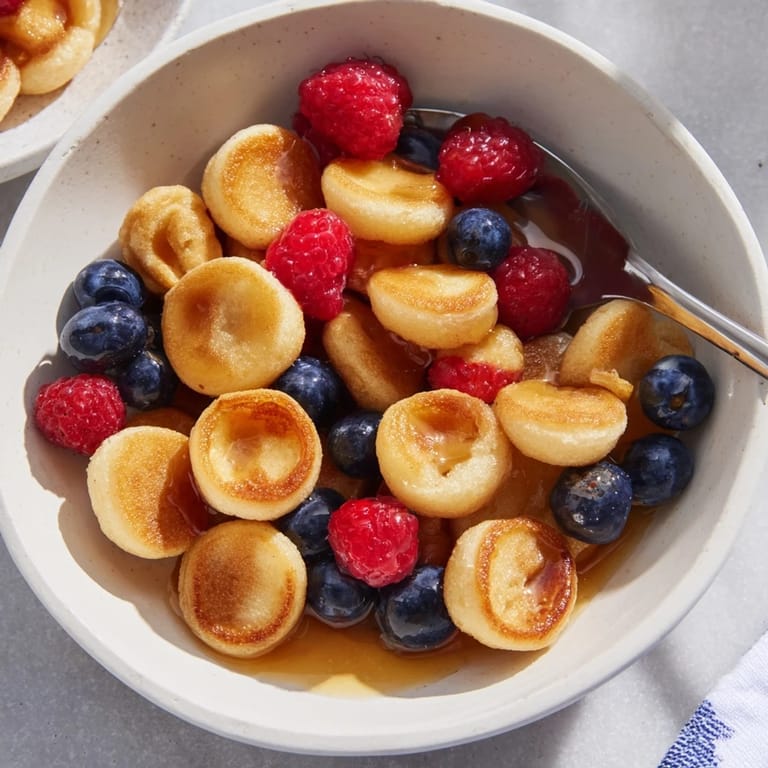 Stack of Mini Pancake Cereal with syrup and fruit, perfect for a cozy morning.