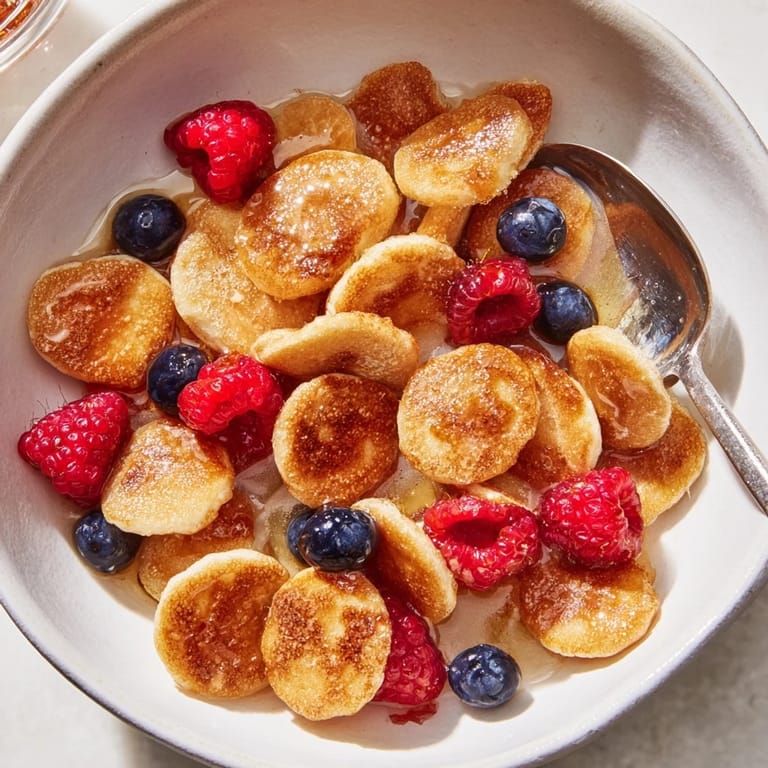 Bite-sized Mini Pancake Cereal served with milk, offering a fun breakfast twist.  