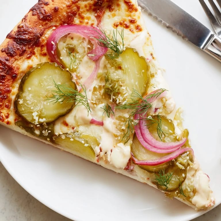 Savory pickle pizza with golden crust, mozzarella, and zesty dill pickle slices.