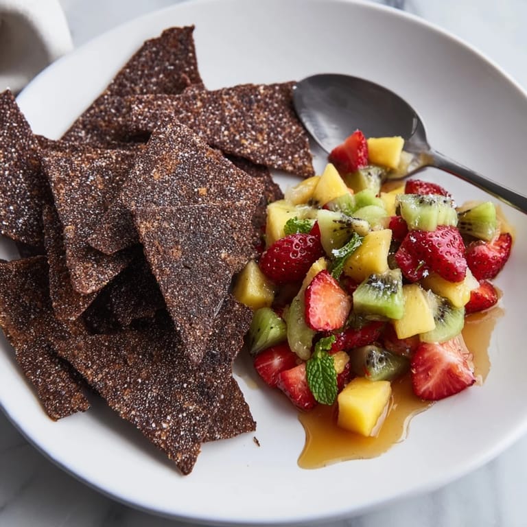 Tasty dessert chips & salsa featuring chocolate tortillas and a refreshing fruit medley.