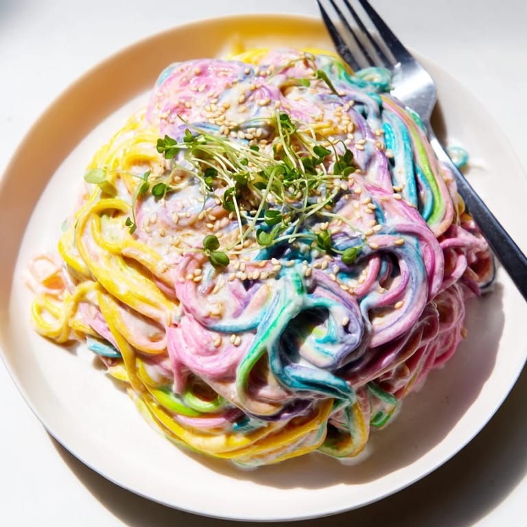 Whimsical Neon Noodle Cloud presented on a plate, showcasing colorful noodles.  