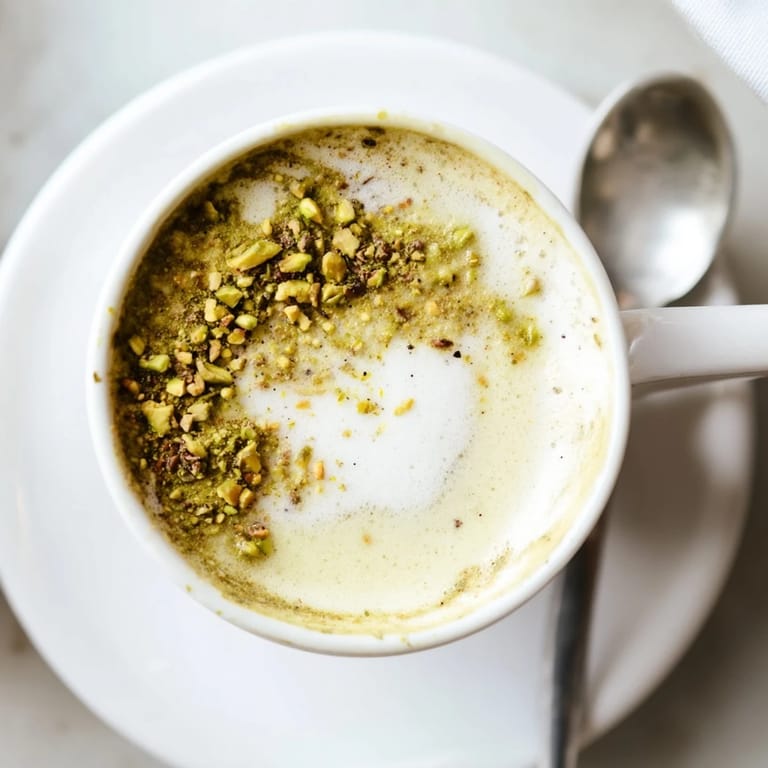 Pistachio milk latte served with a sprinkle of crushed pistachios on top.