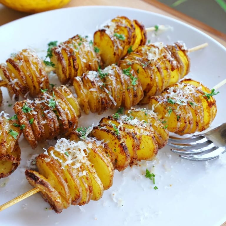 Golden spiral Air-Fryer Tornado Potatoes on skewers, perfect for dipping and sharing.