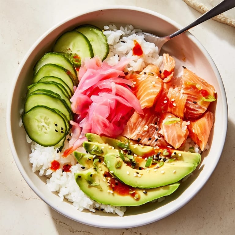 Quick and easy leftover salmon and rice bowl, drizzled with soy sauce and sesame oil.  