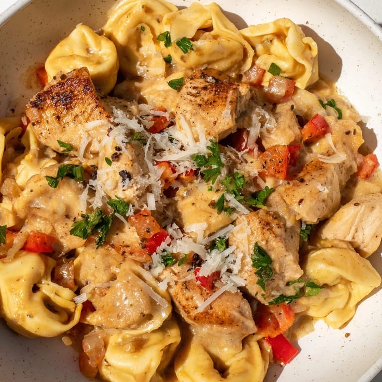 A vibrant plate of Zesty Cajun Garlic Parmesan Chicken Tortellini, bursting with flavor and color.
