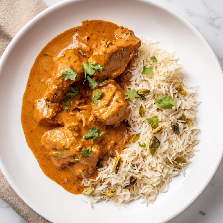 Spoonful of rich butter chicken next to fluffy rice pilaf, perfect for cozy dinners.