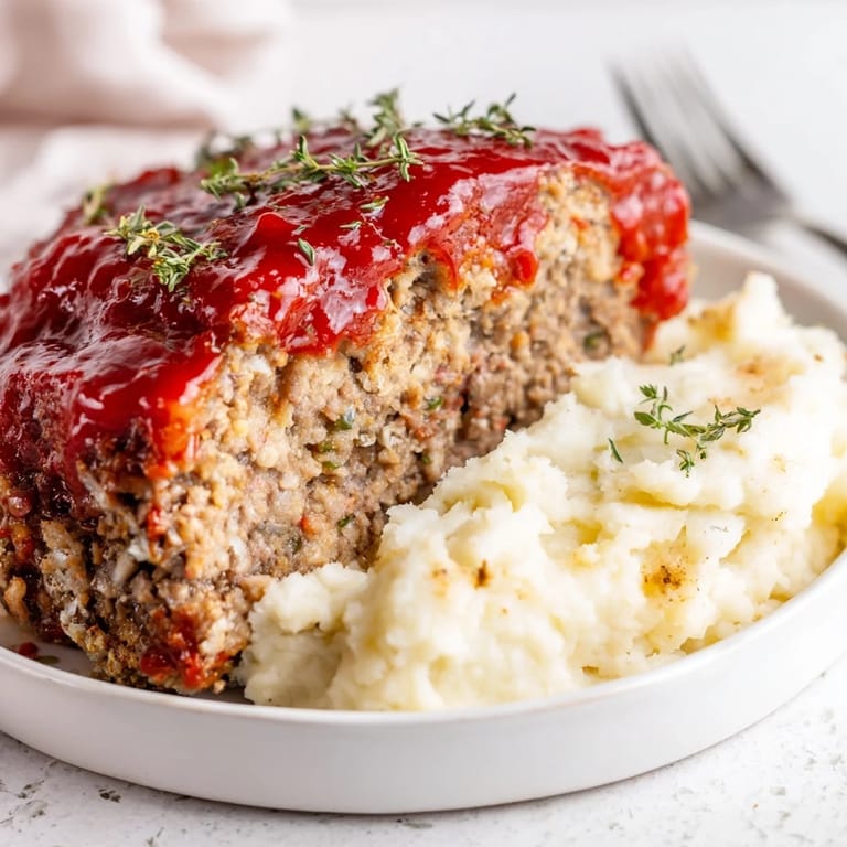 Tender, juicy Classic Meatloaf with a tangy glaze and creamy potato side.  