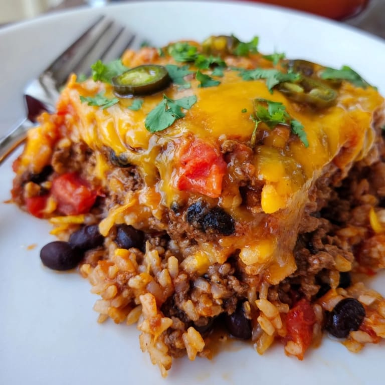 Savory Tex-Mex Beef & Rice Casserole filled with spices, beans, and gooey cheese.  