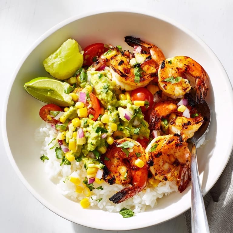 Succulent grilled shrimp served over rice, paired with fresh avocado corn salsa.  