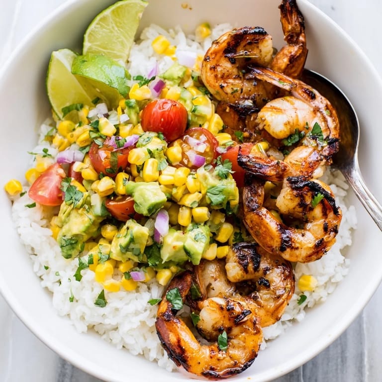 Colorful shrimp bowl featuring charred shrimp and zesty avocado corn salsa mix.