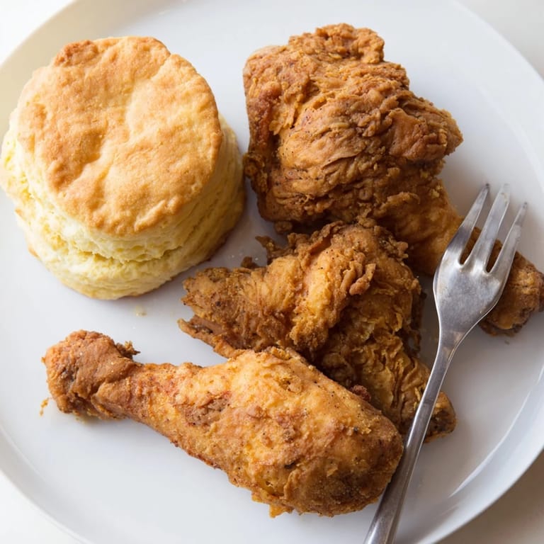 Golden, juicy fried chicken served alongside fluffy buttermilk biscuits for comfort.  