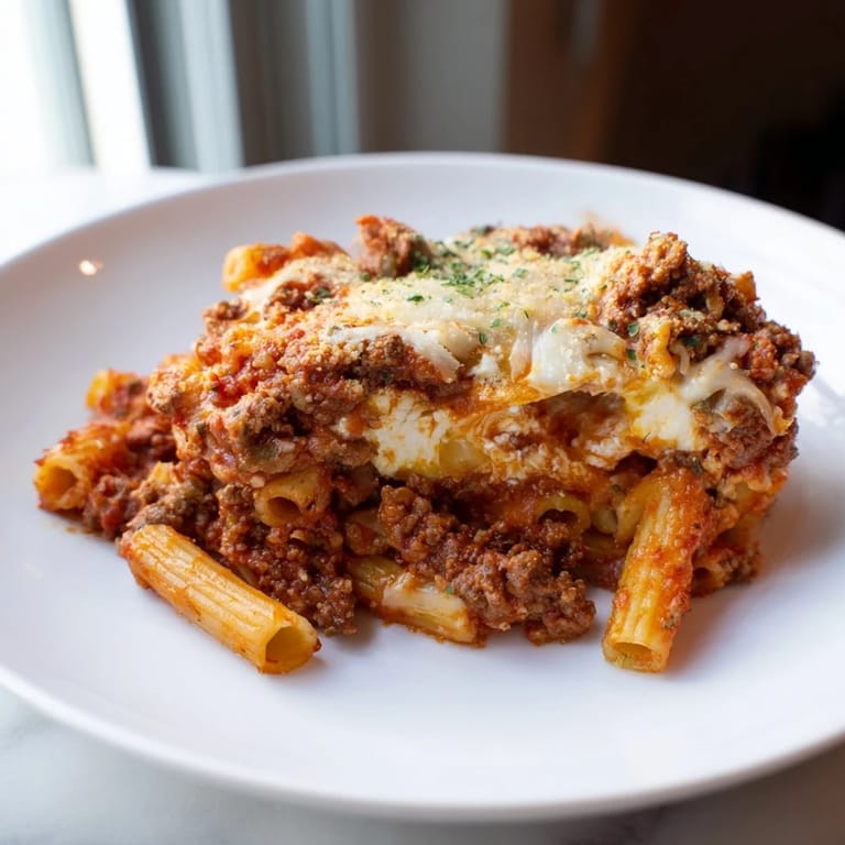 A close up of freshly baked ziti with a crispy, golden top and flavorful, savory filling.