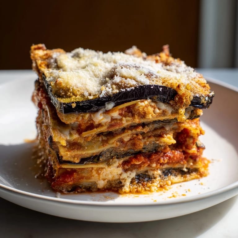 A close-up view displaying layers of the delicious Eggplant Parmesan Lasagna, topped with melted cheese.