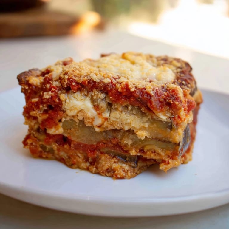 Slices of warm Eggplant Parmesan Lasagna, ready to serve and showcasing rich tomato sauce and ricotta.