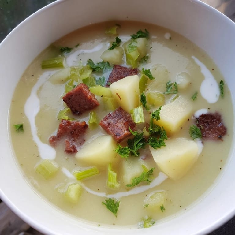 Warm and creamy Potato, Leek & Chorizo Soup, a comforting bowl perfect for a chilly evening.