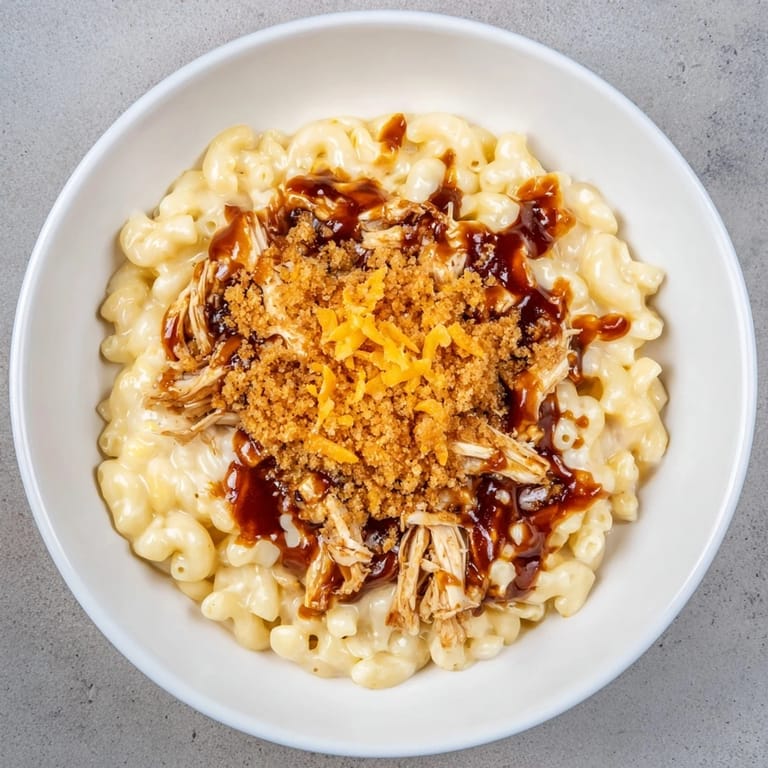 Golden baked Classic Mac & Cheese with BBQ Chicken, offering a tempting combination of textures and flavors.