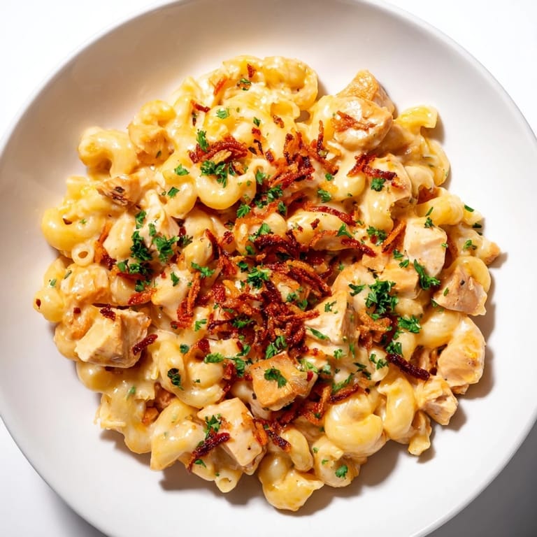 A close-up of creamy One-Pot Honey BBQ Chicken Mac and Cheese, showing the tender chicken and melted cheese.