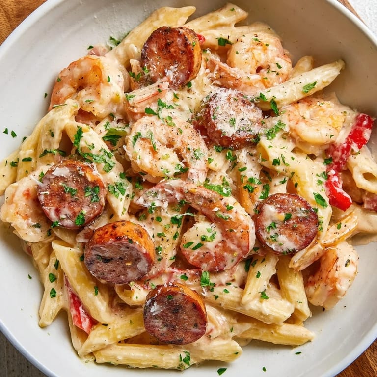 Imagine the amazing aroma of this Cajun Sausage & Shrimp Alfredo Pasta Skillet, a hearty, comforting meal.