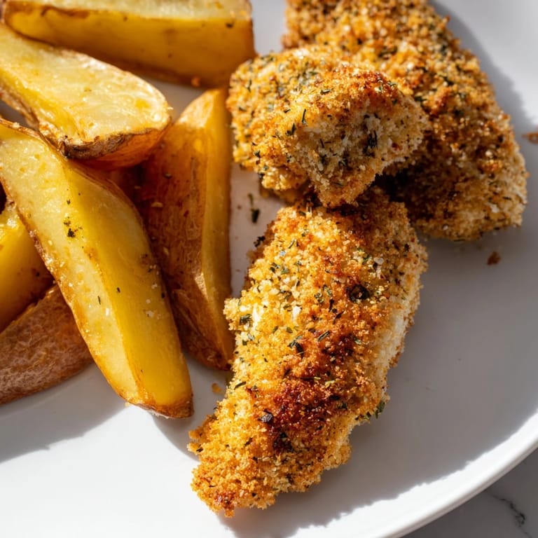 Imagine the savory aroma: Crispy herbed chicken tenders paired with wedges, ready for a delicious meal.