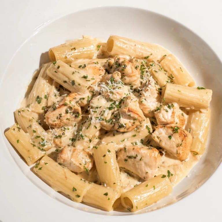 Close-up of bubbling creamy garlic Parmesan chicken rigatoni, showcasing tender chicken and pasta.