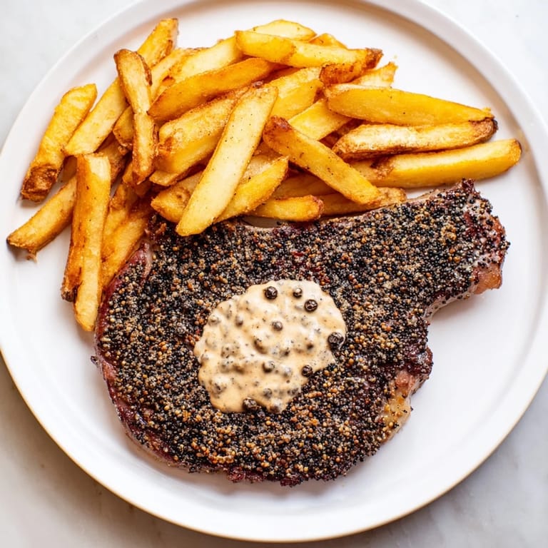 Juicy peppercorn ribeye, medium-rare, visually paired with a side of perfectly crisp, golden fries.
